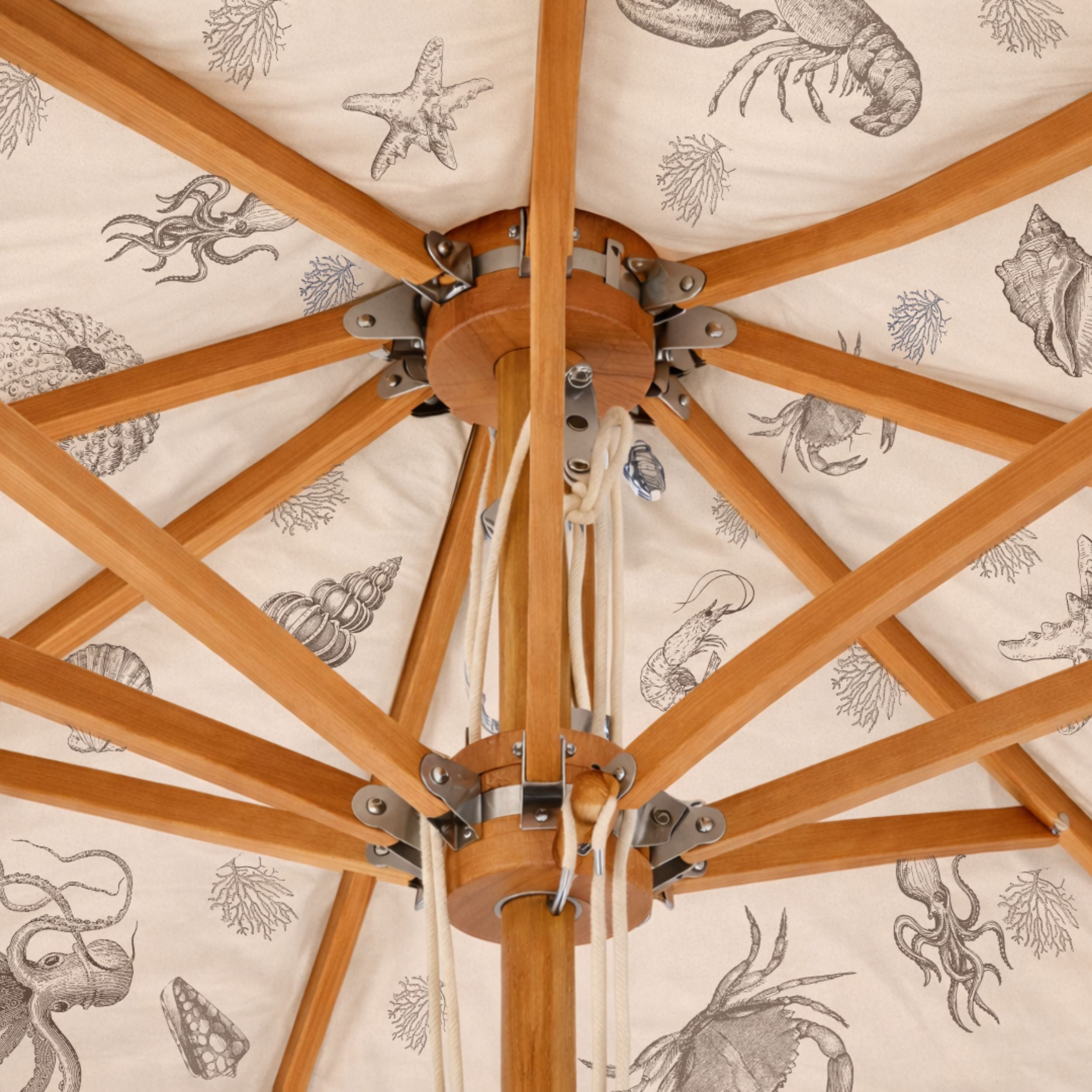 Interior canopy detail showing Harbour Bounty maritime-inspired artwork in Oyster Shell colour