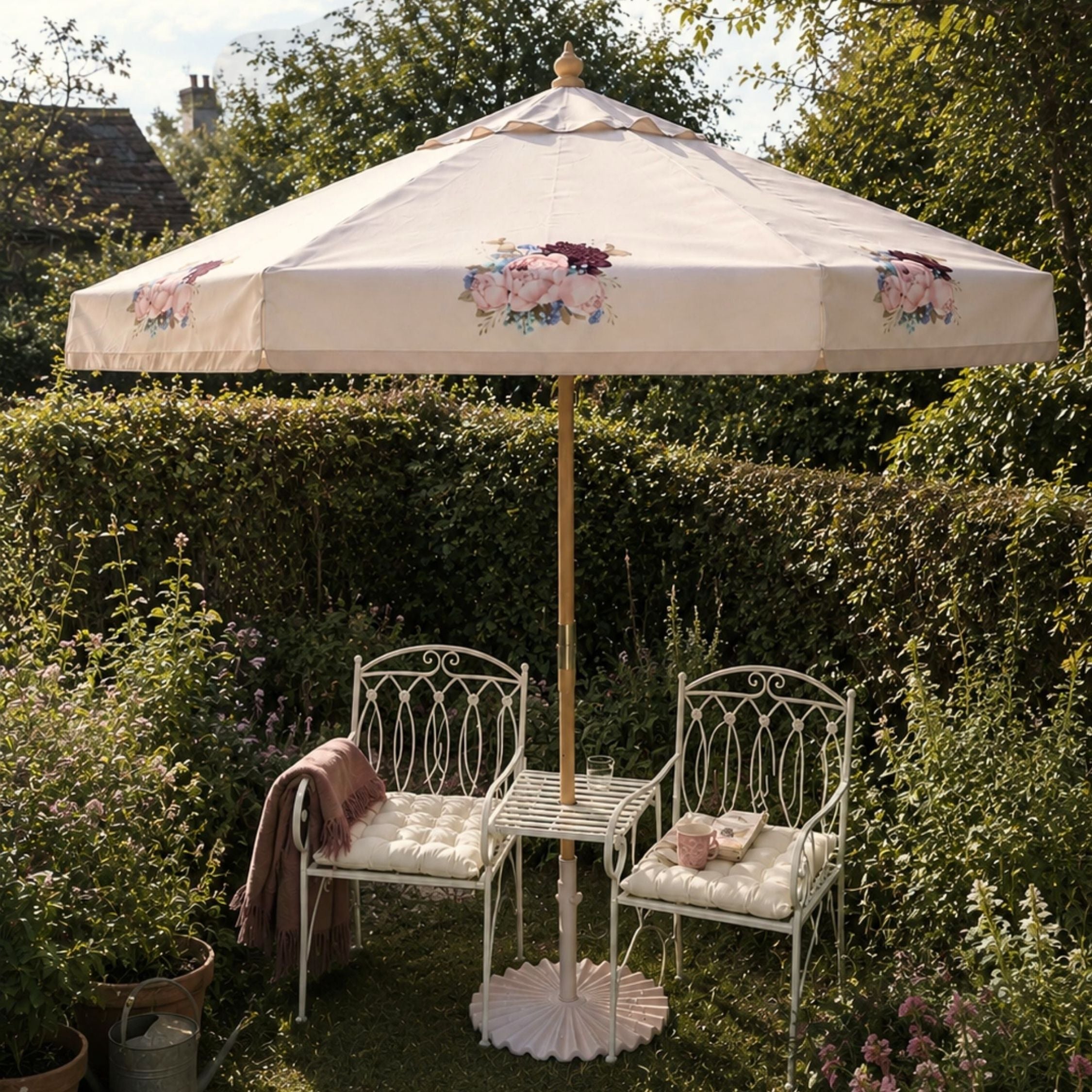 A cream-colored outdoor patio umbrella with delicate pink and maroon floral motifs, set in a lush green garden next to two white wrought-iron garden chairs with cream cushions and a small white table.