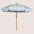 Powder Parlour Celadon Veil vintage-inspired garden parasol with gathered valance and beechwood pole.
