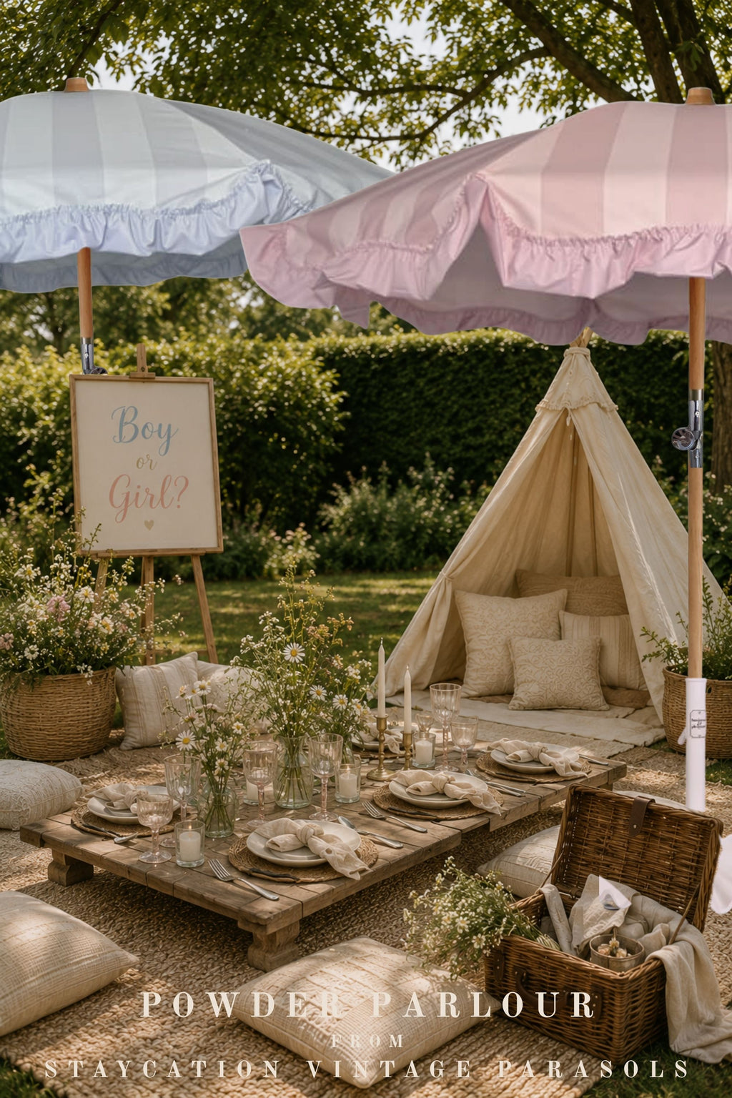 Celadon Veil and Peony Veil parasols providing shade at a gender reveal picnic