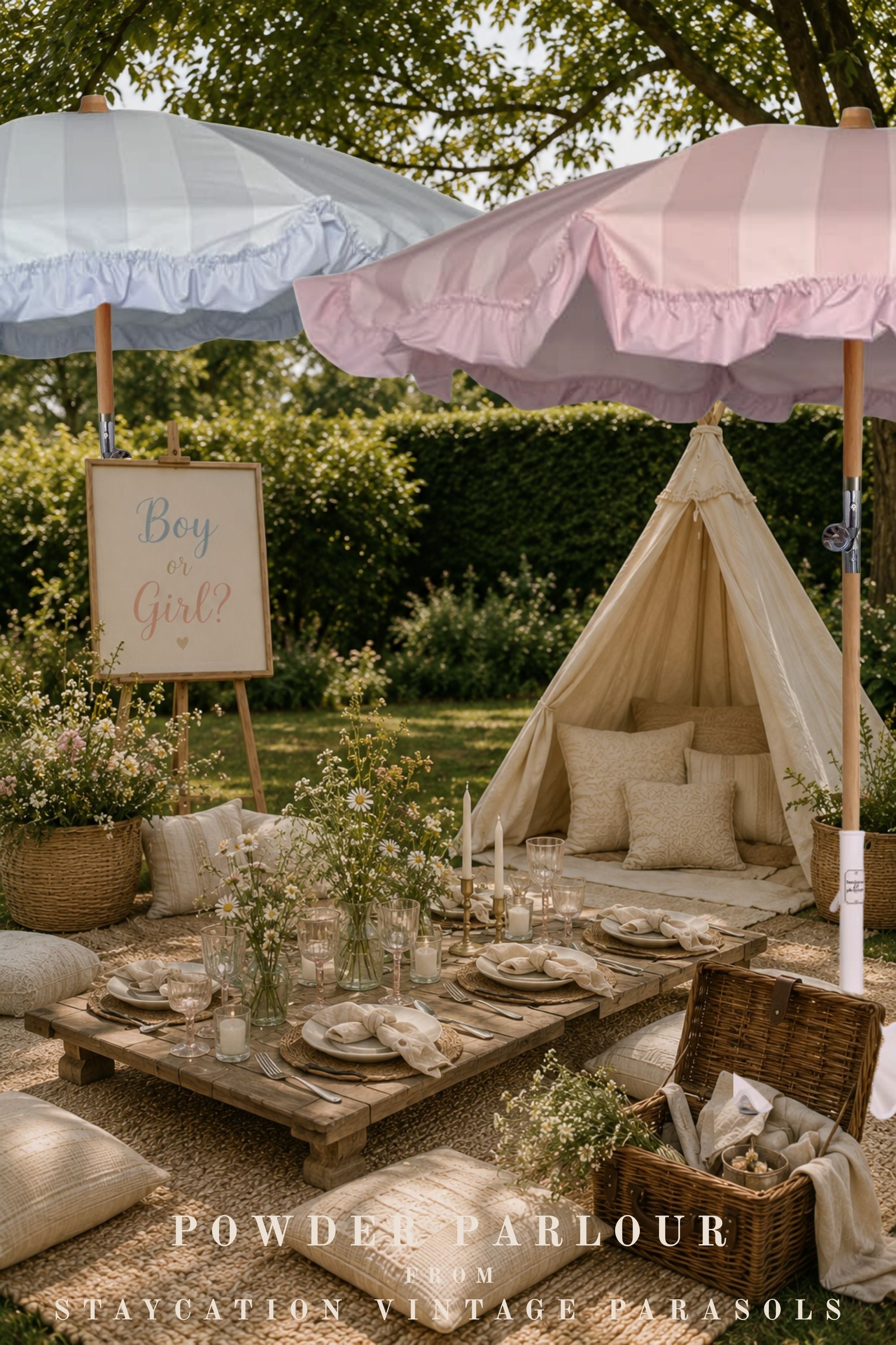 Celadon Veil and Peony Veil parasols providing shade at a gender reveal picnic