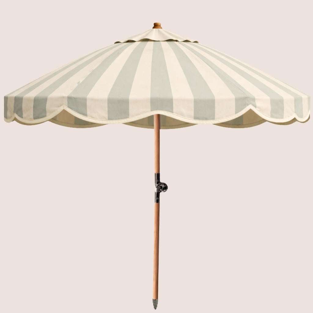 Pavilion Cloister Mist striped garden parasol with scalloped canopy and beechwood pole.