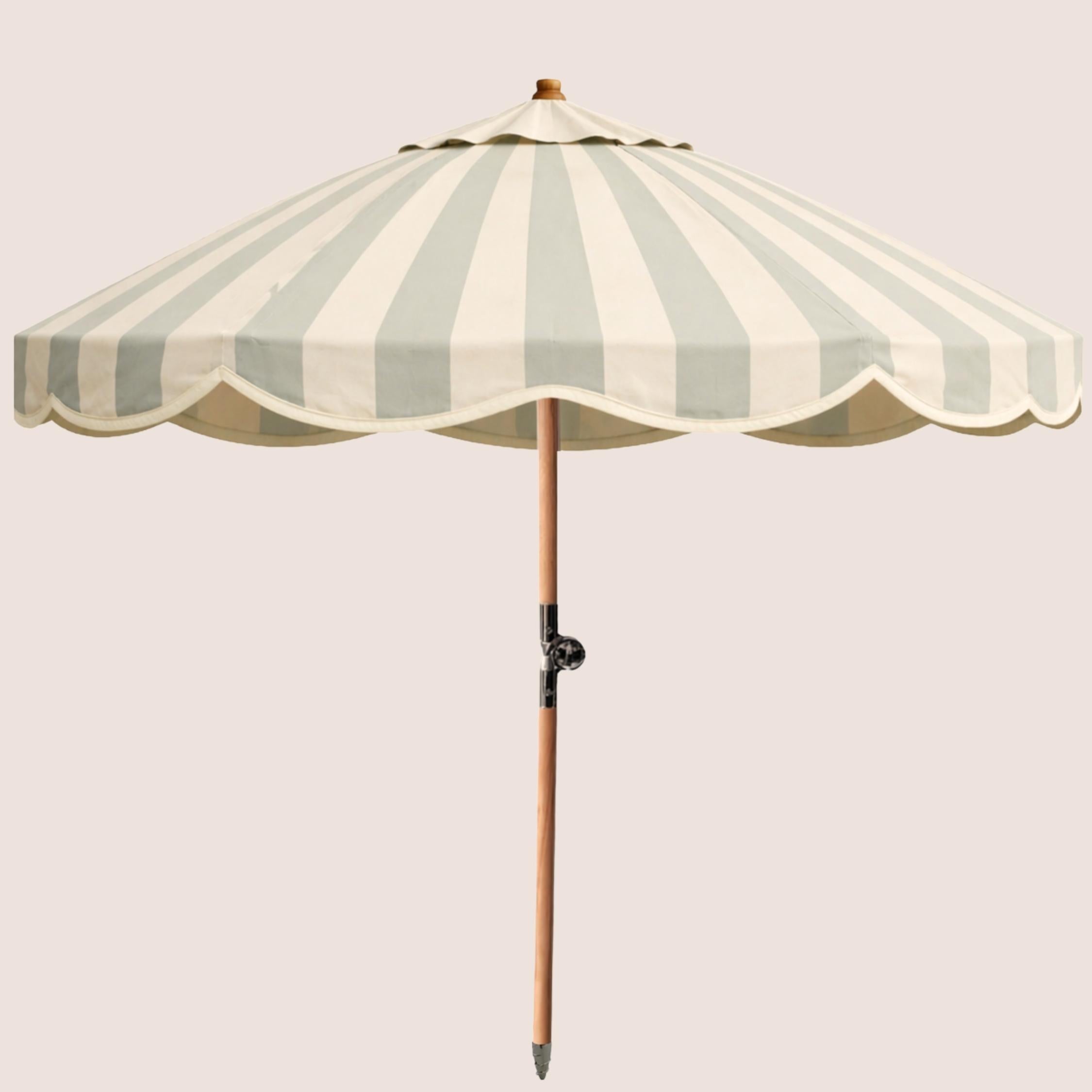 Pavilion Cloister Mist striped garden parasol with scalloped canopy and beechwood pole.