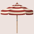 Club Claret Bounder Stripe striped garden parasol with 2.4m canopy and traditional pulley mechanism.