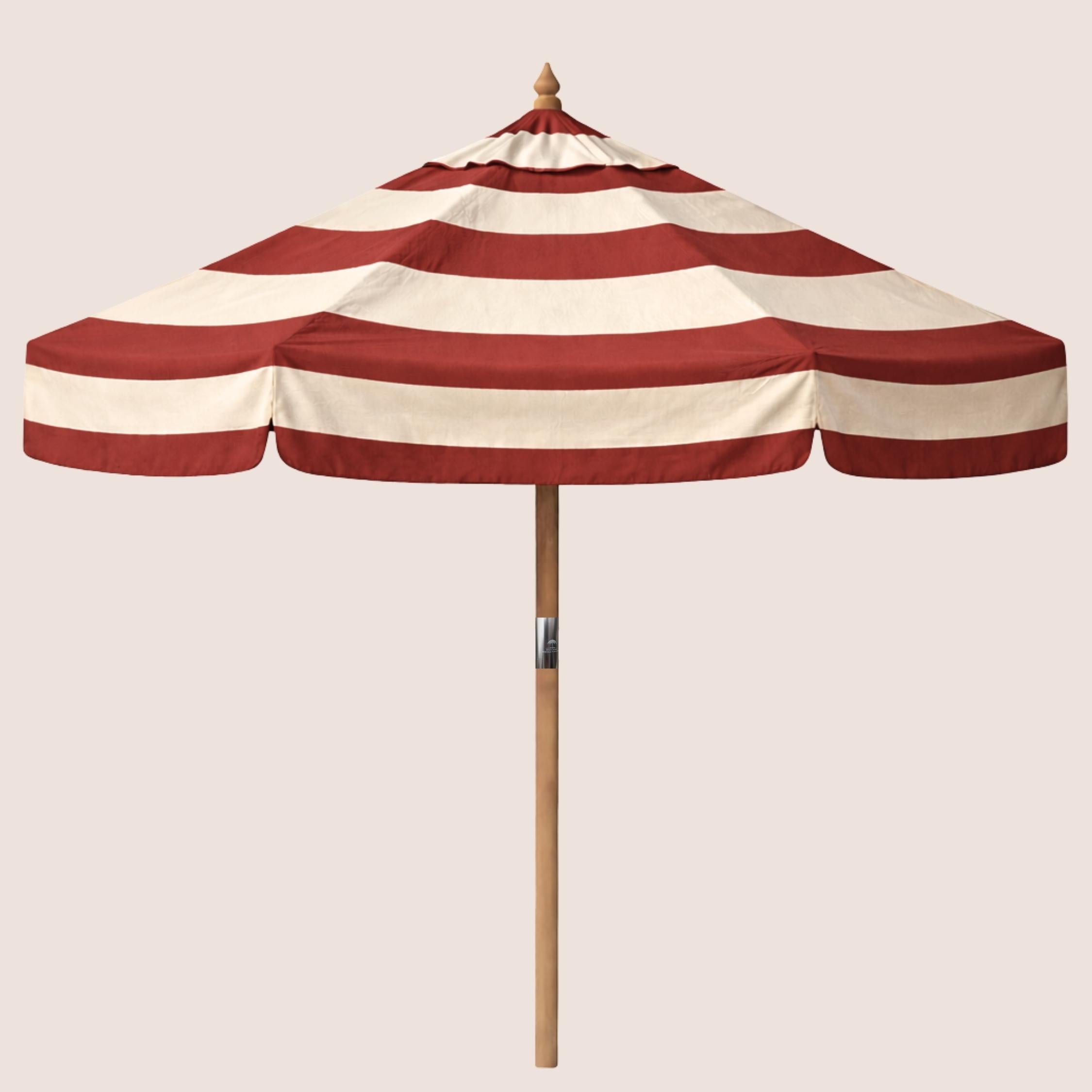 Club Claret Bounder Stripe striped garden parasol with 2.4m canopy and traditional pulley mechanism.