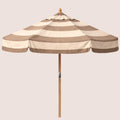Estate Linen Bounder Stripe striped garden parasol with 2.4m canopy and traditional pulley mechanism.