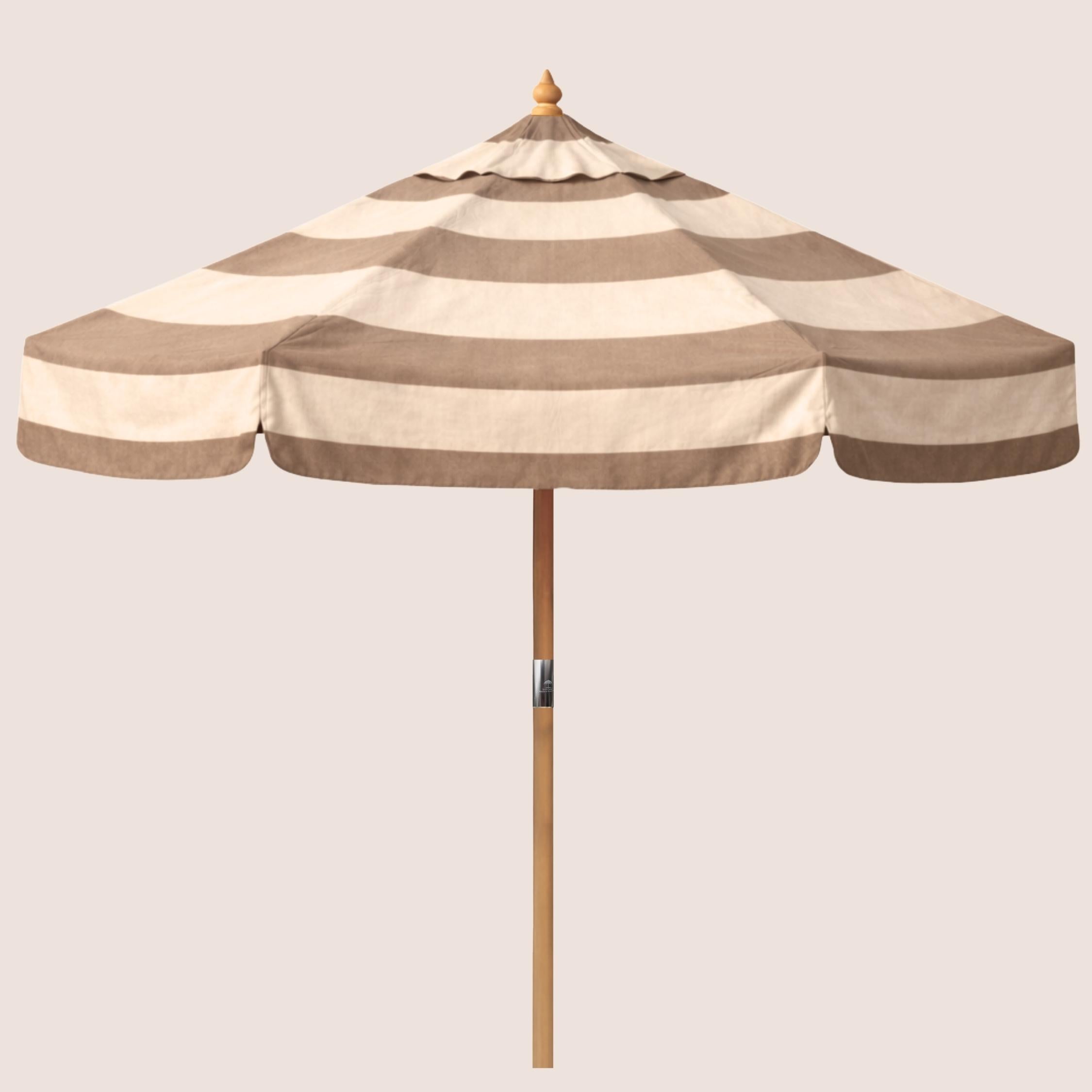 Estate Linen Bounder Stripe striped garden parasol with 2.4m canopy and traditional pulley mechanism.