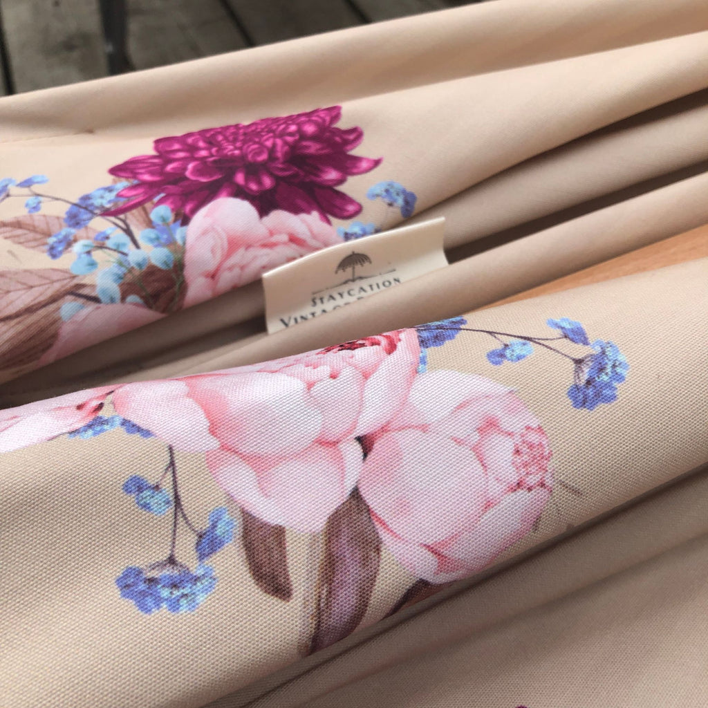 Close up detail of peony design on canvas outdoor parasol