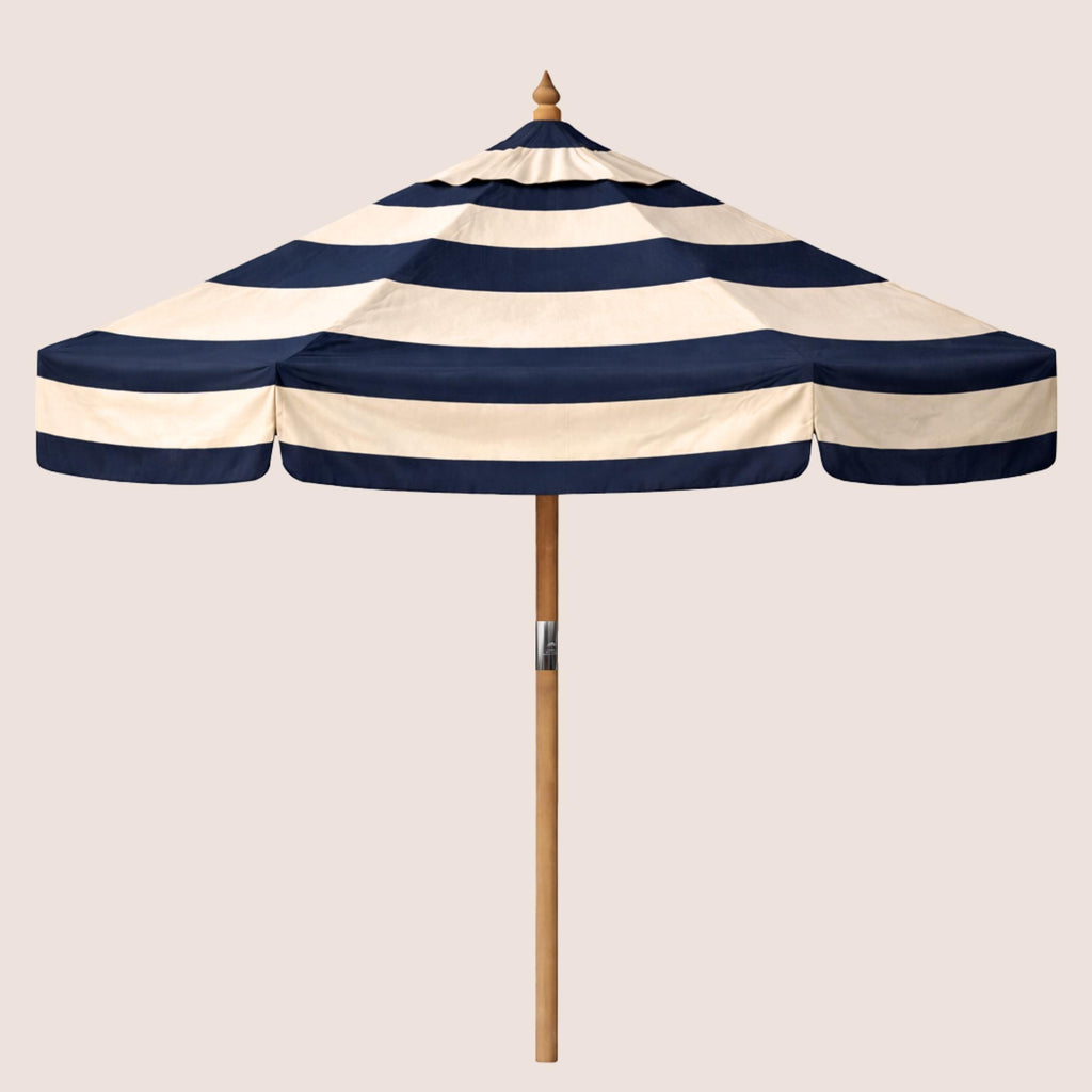 Midnight Terrace Bounder Stripe striped garden parasol with 2.4m canopy and traditional pulley mechanism.