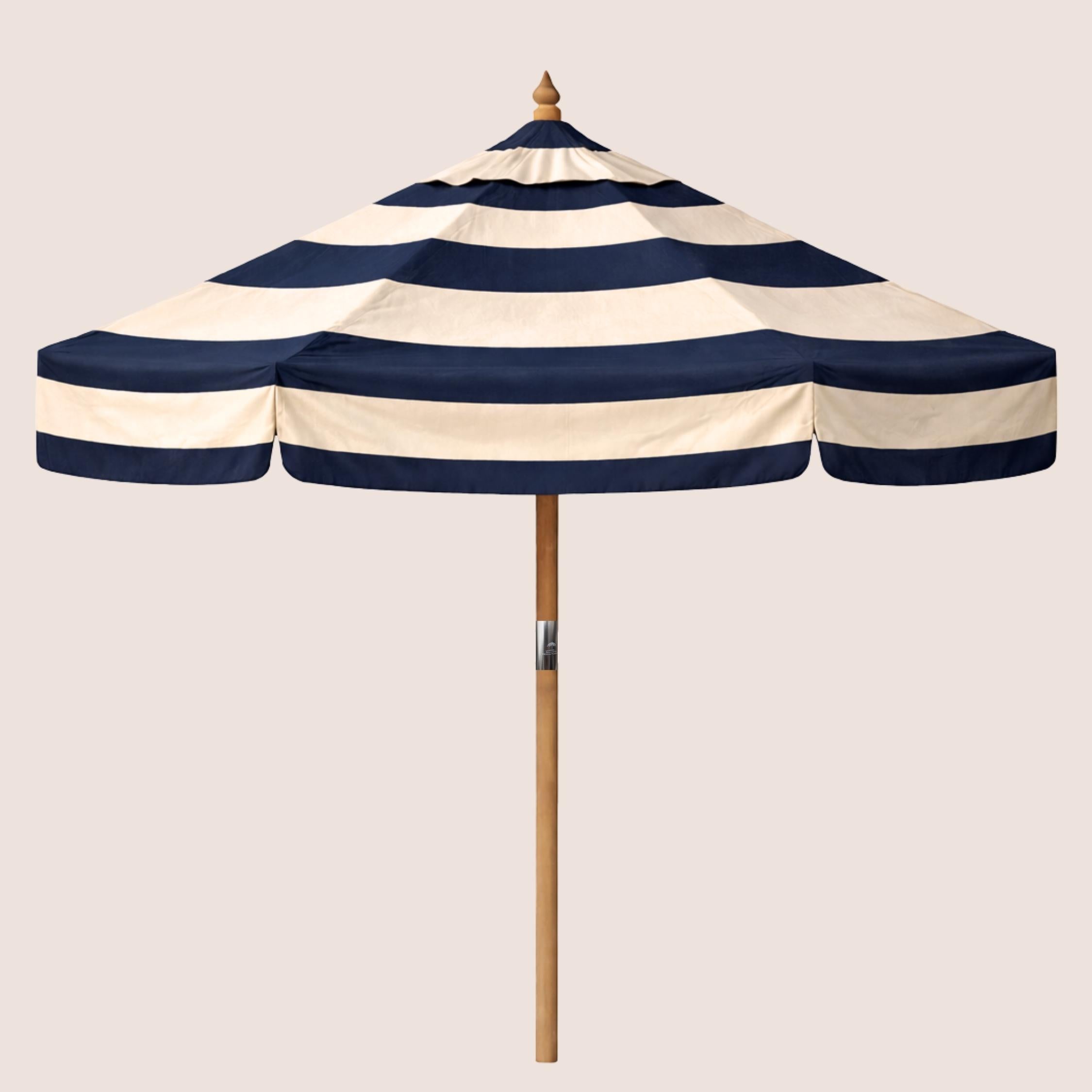 Midnight Terrace Bounder Stripe striped garden parasol with 2.4m canopy and traditional pulley mechanism.
