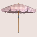 Powder Parlour Peony Veil vintage-inspired garden parasol with gathered valance and beechwood pole.