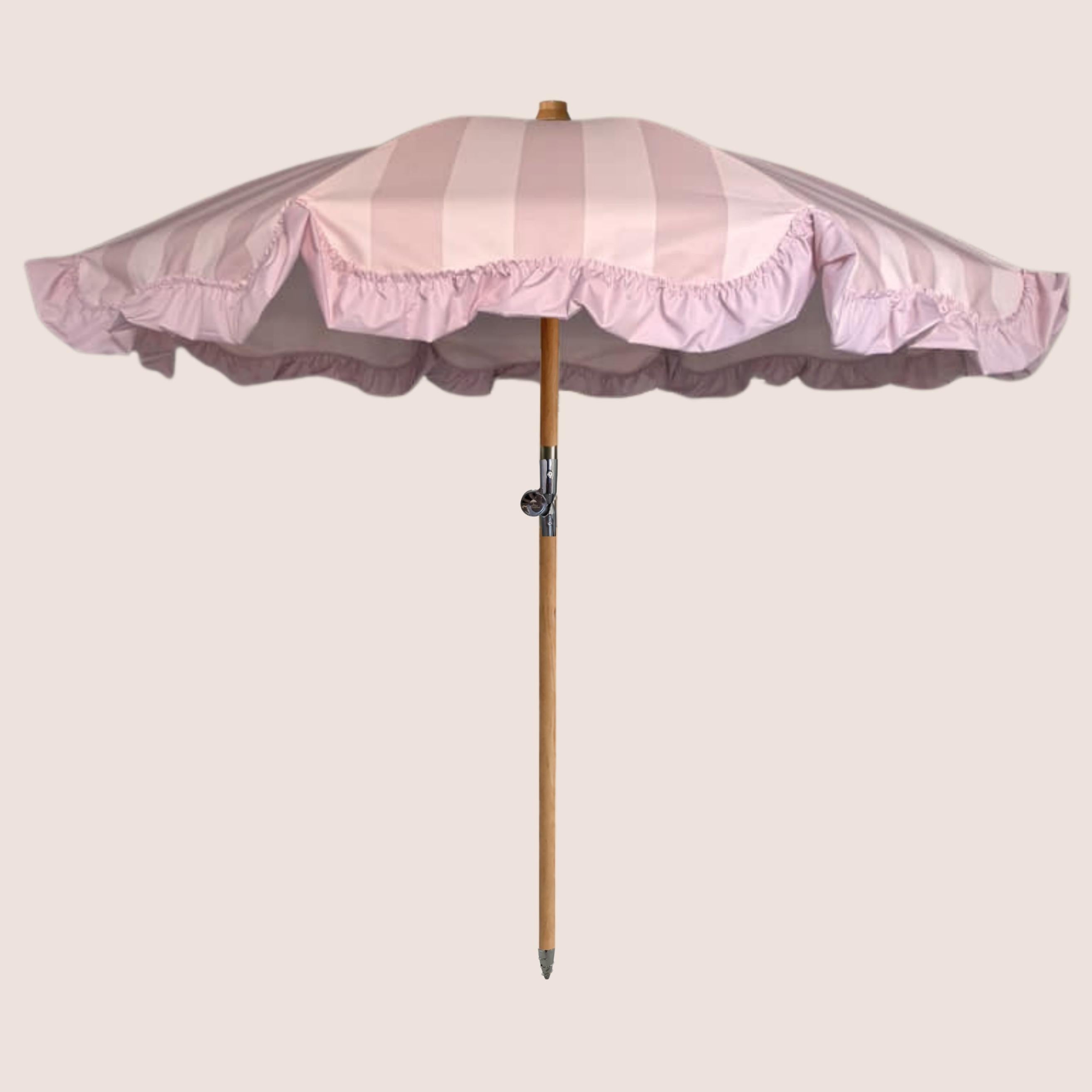 Powder Parlour Peony Veil vintage-inspired garden parasol with gathered valance and beechwood pole.