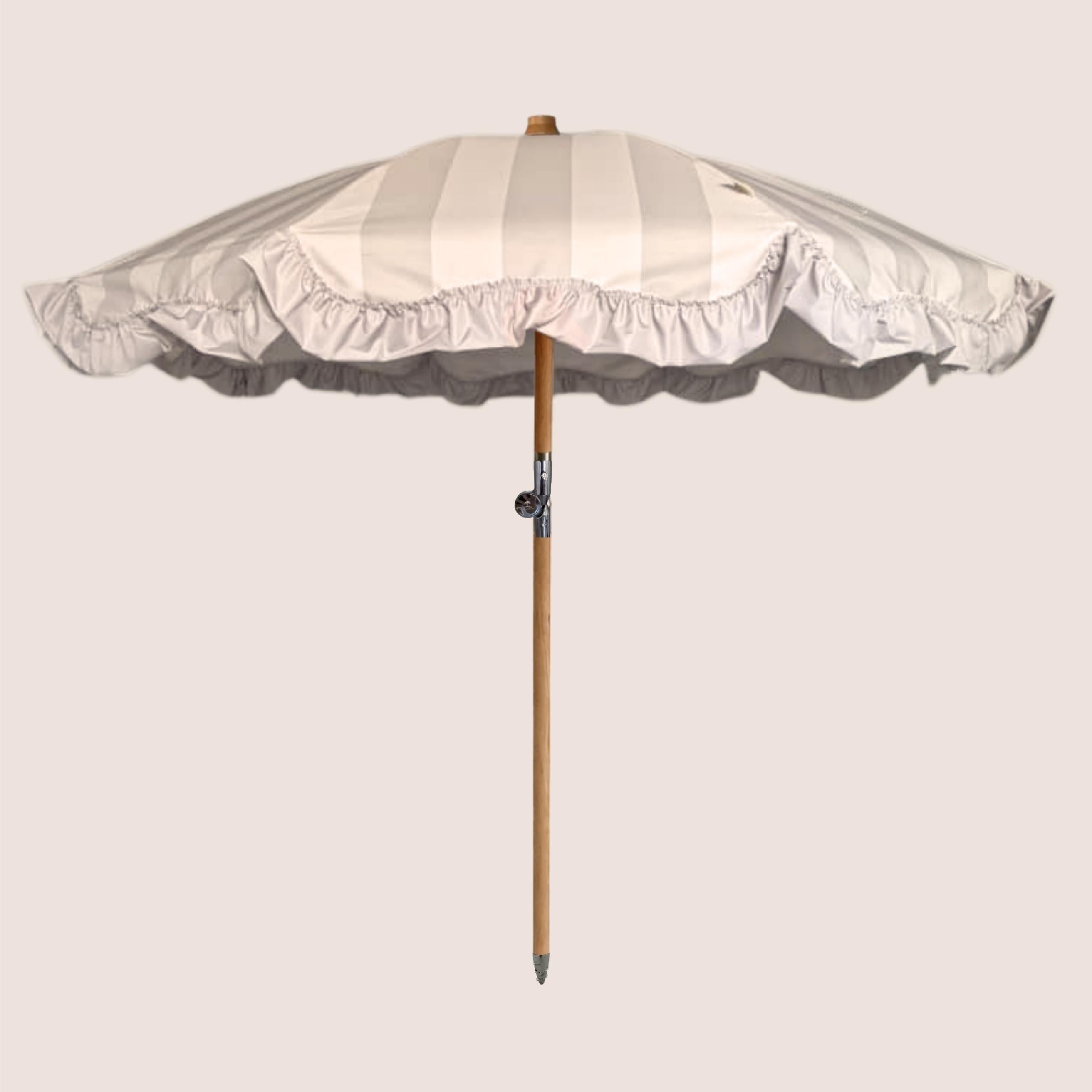 Powder Parlour Porcelain Veil vintage-inspired garden parasol with gathered valance and beechwood pole.