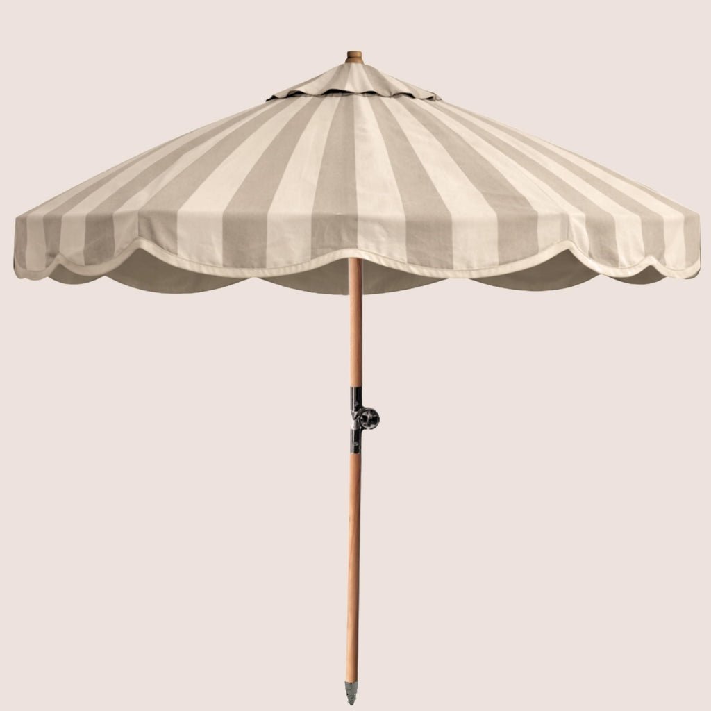 Pavilion Taupe striped garden parasol with scalloped canopy and beechwood pole.
