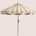 Pavilion Taupe striped garden parasol with scalloped canopy and beechwood pole.