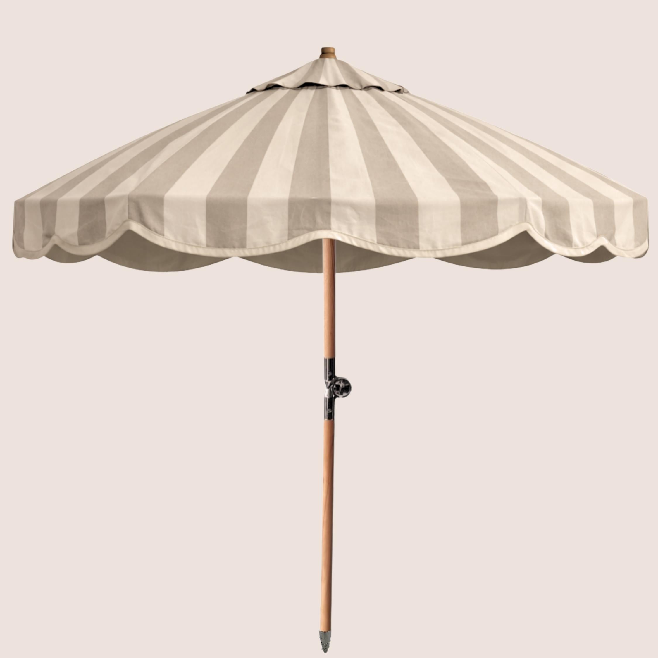 Pavilion Taupe striped garden parasol with scalloped canopy and beechwood pole.