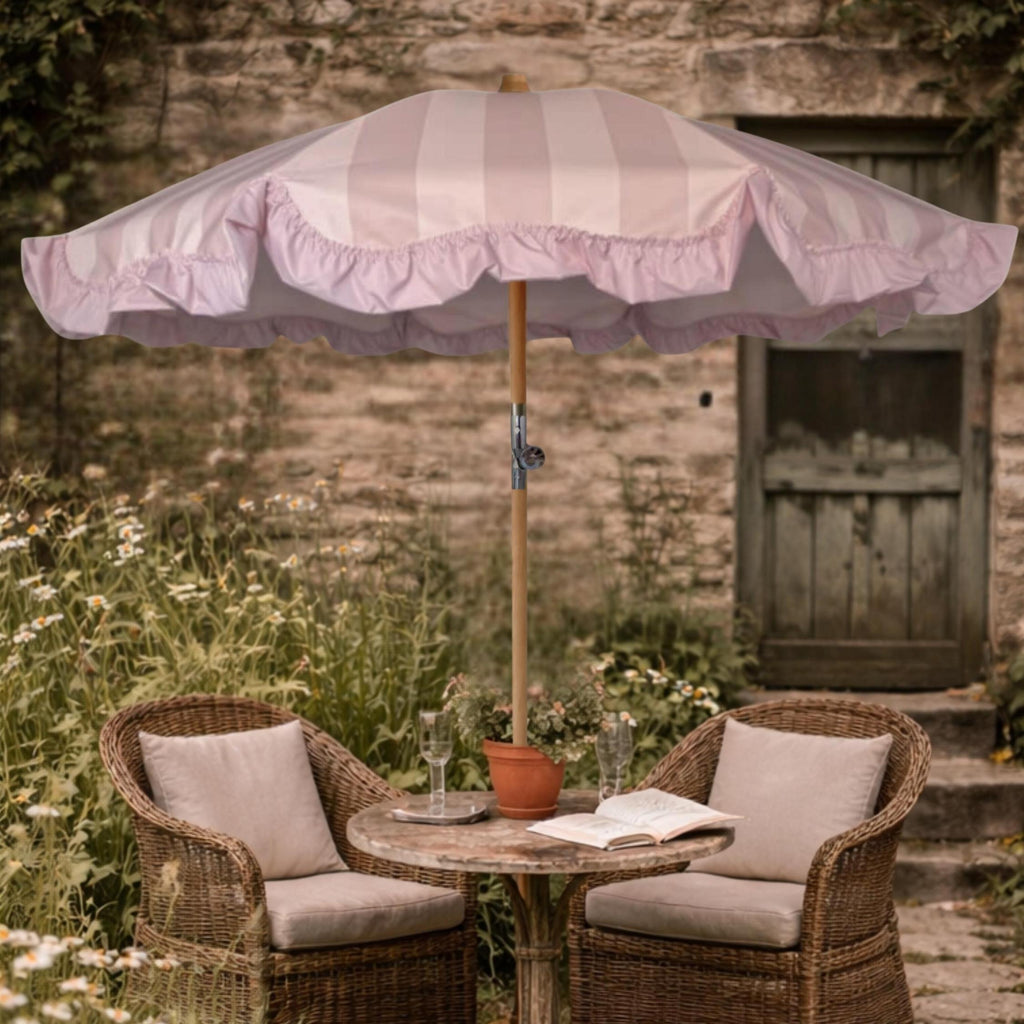 Powder Parlour garden parasol styled in cottage garden in Peony Veil colour