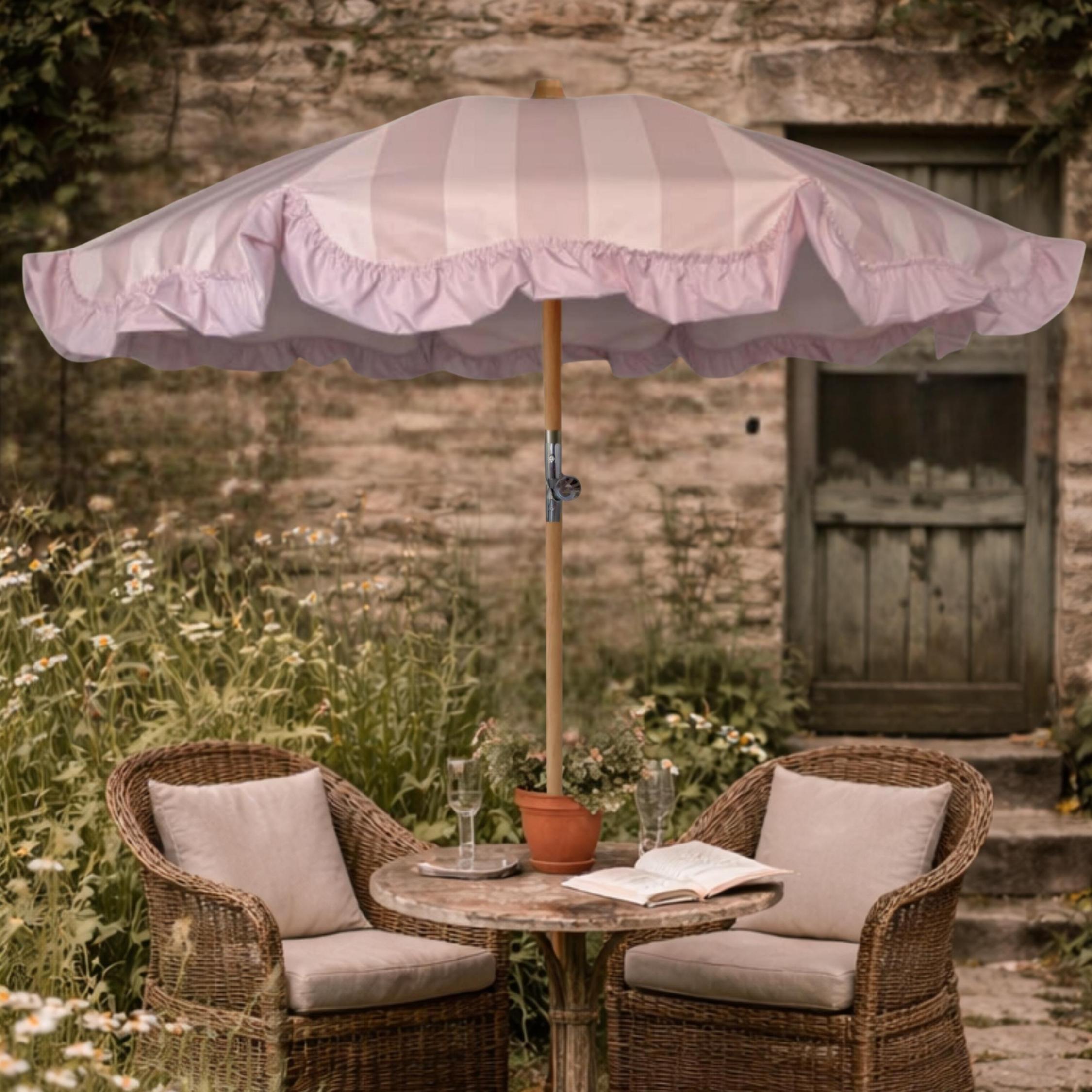 Powder Parlour garden parasol styled in cottage garden in Peony Veil colour