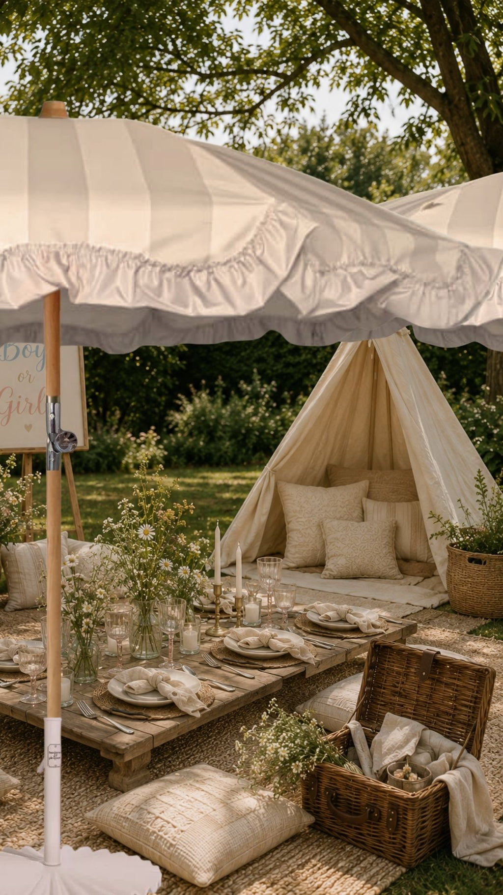 Porcelain Veil parasols set in a secluded picnic area