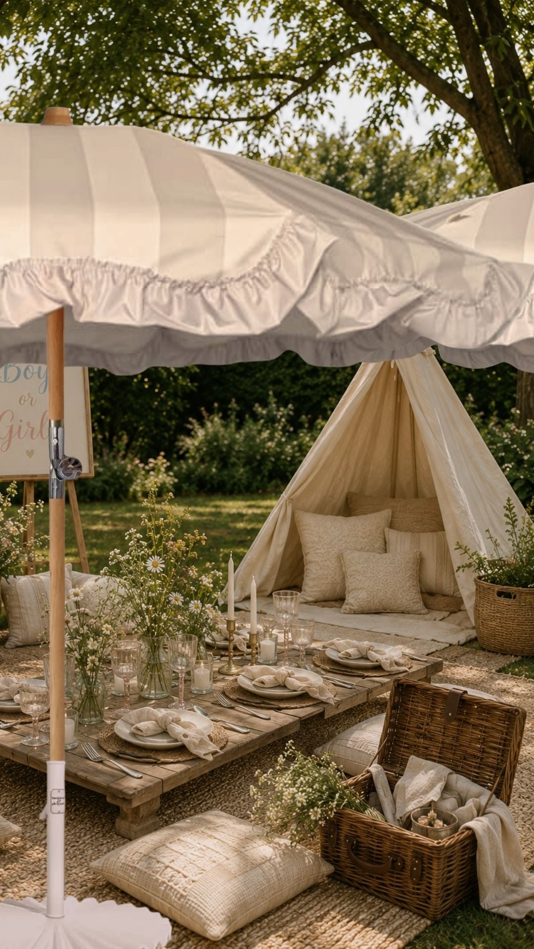 Porcelain Veil parasols set in a secluded picnic area