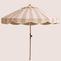 Pavilion Portico Blush striped garden parasol with scalloped canopy and beechwood pole.