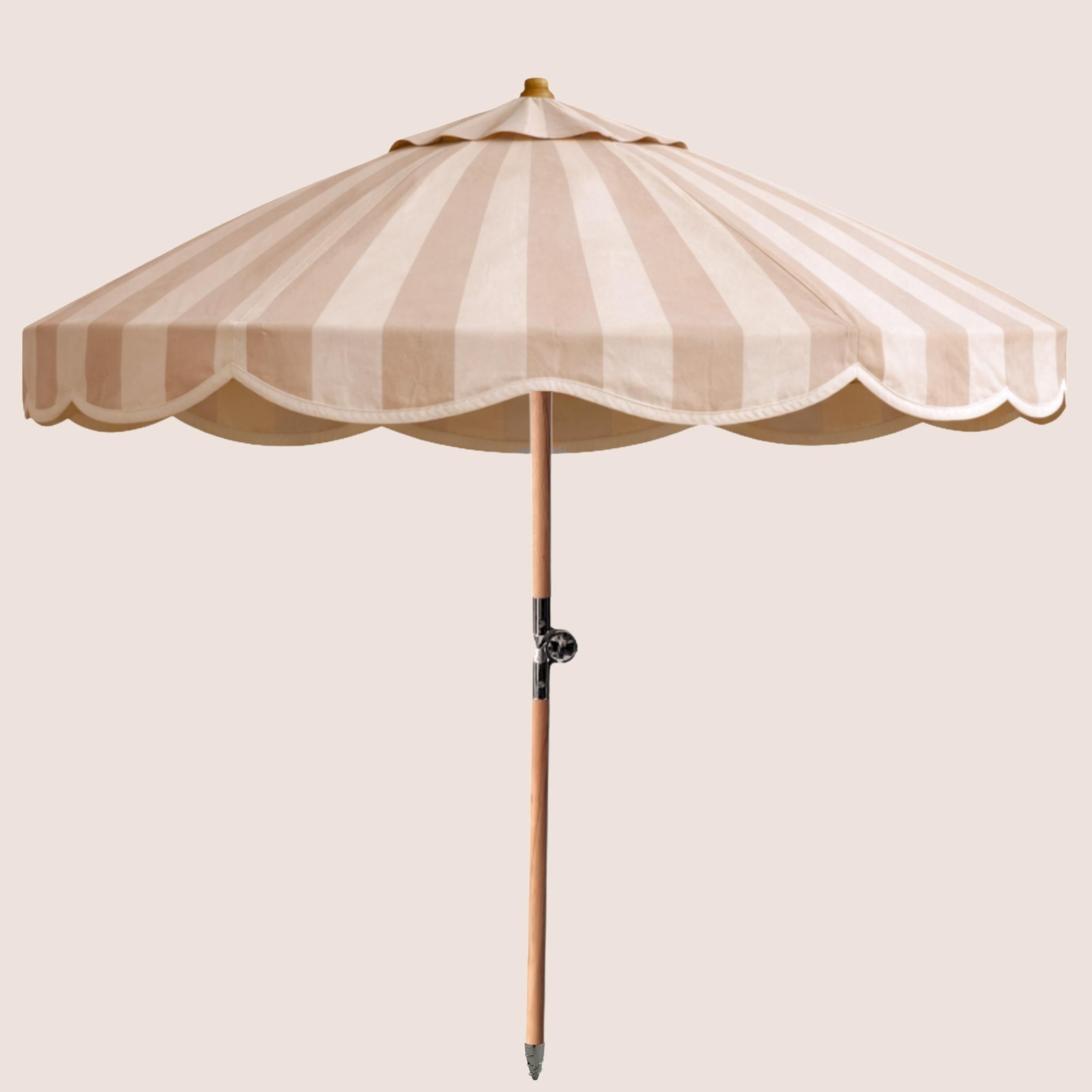 Pavilion Portico Blush striped garden parasol with scalloped canopy and beechwood pole.
