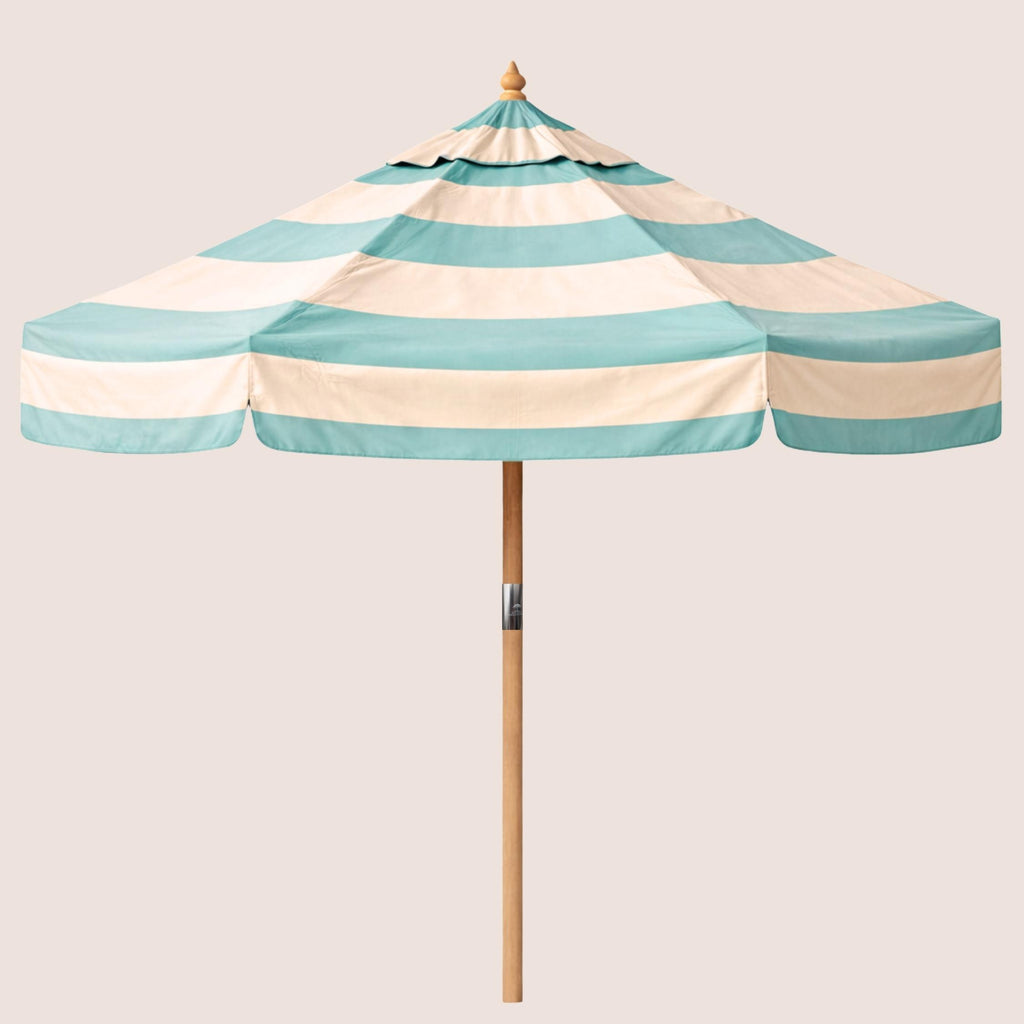 Riviera Sail Bounder Stripe striped garden parasol with 2.4m canopy and traditional pulley mechanism.