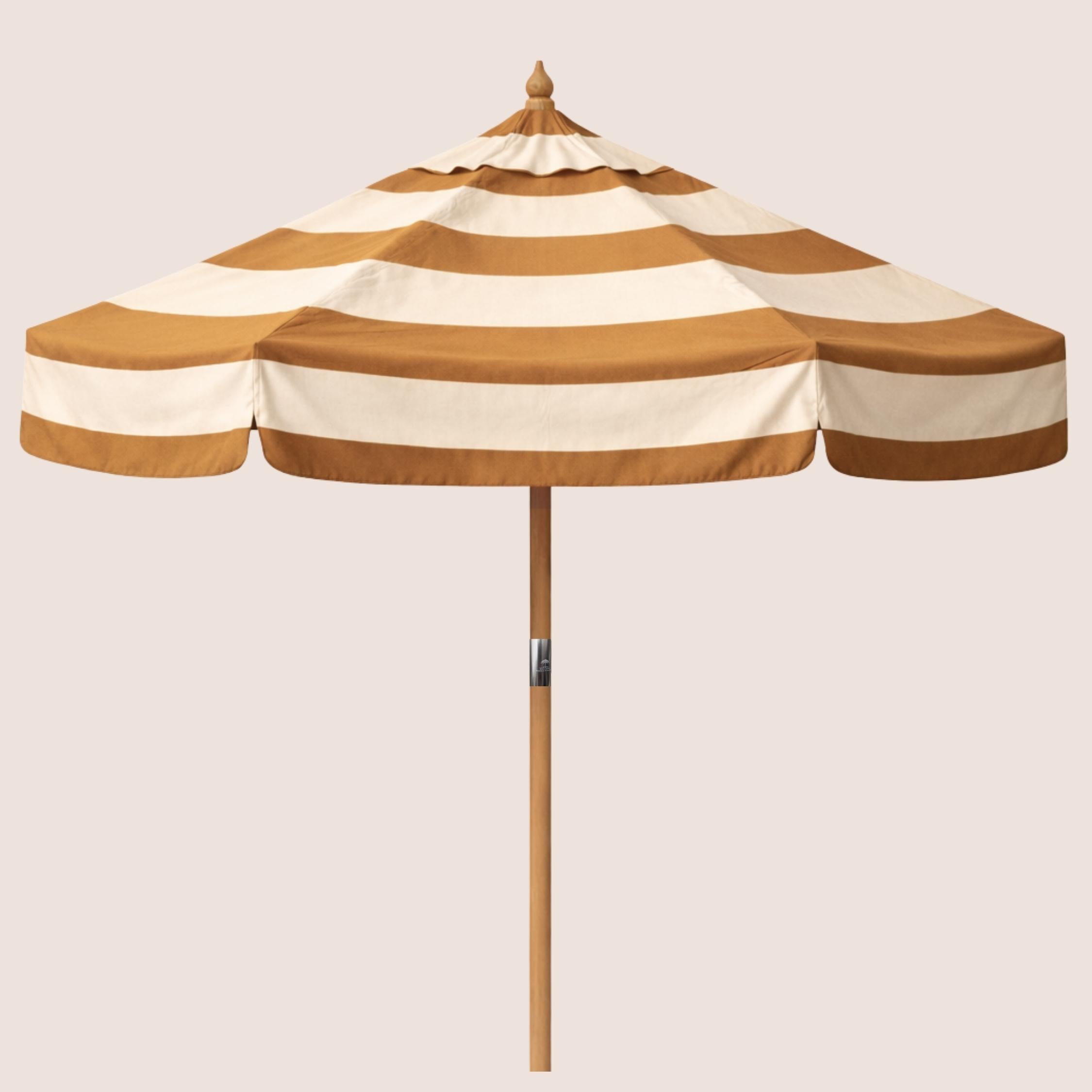 Soleil Caramel Bounder Stripe striped garden parasol with 2.4m canopy and traditional pulley mechanism.