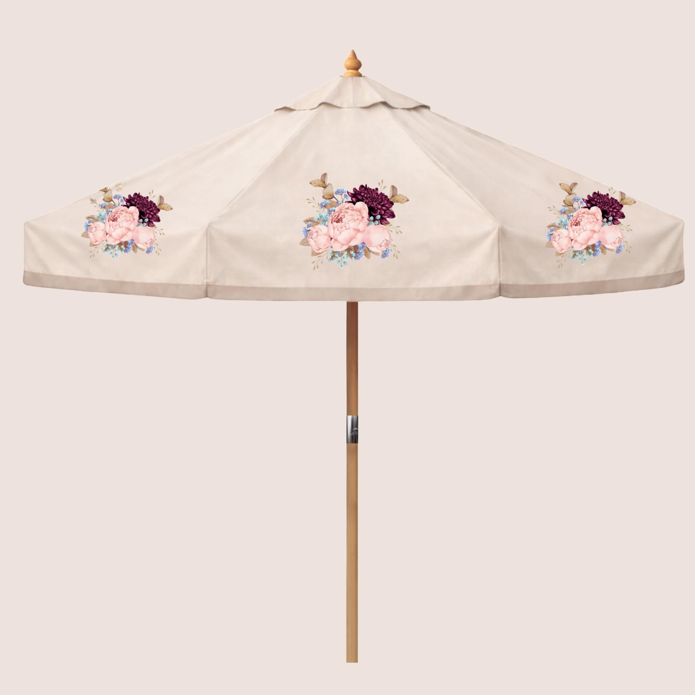 Close-up of Helena floral print on Atelier Belle garden parasol.