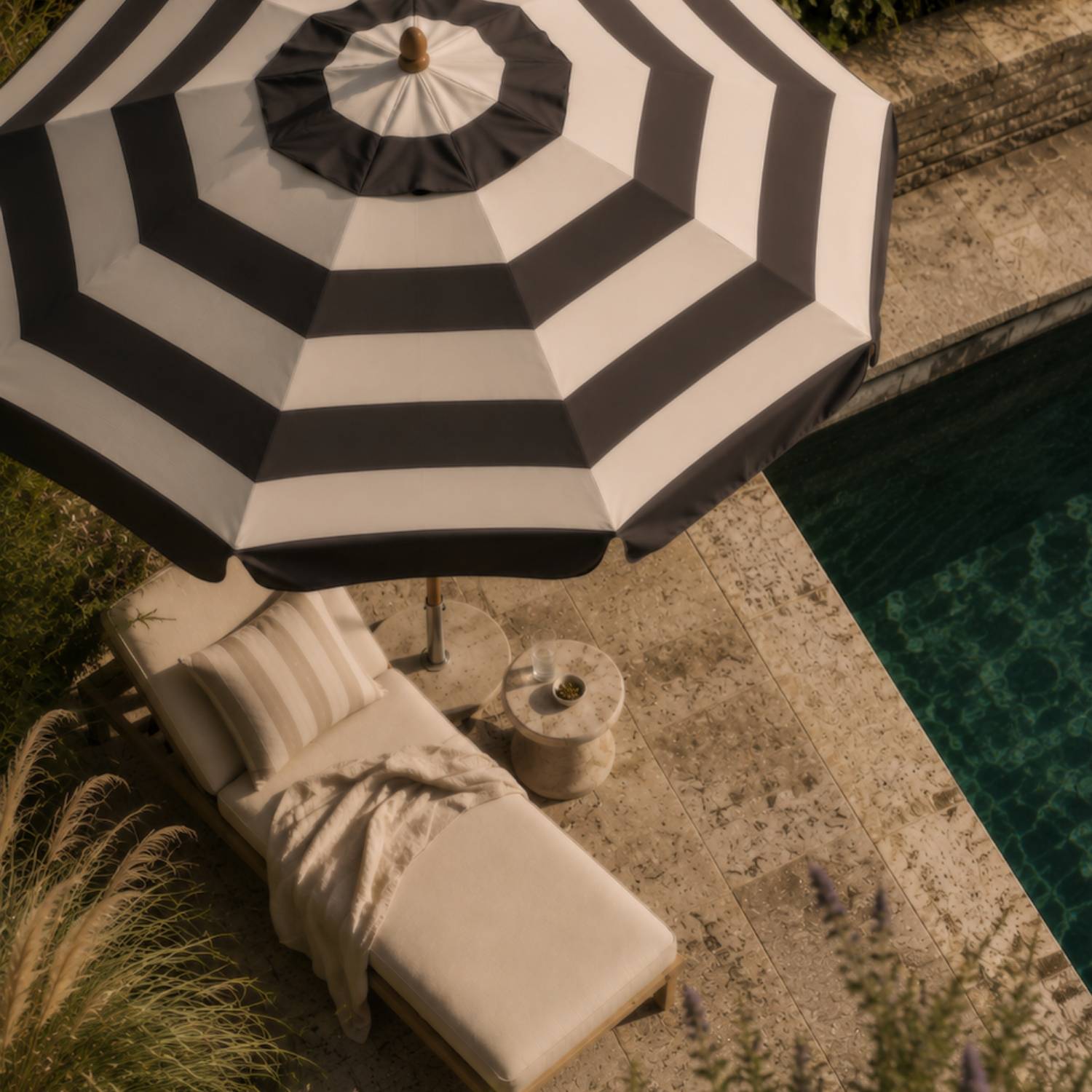 Overhead view of Bounder Stripe striped garden parasol canopy.